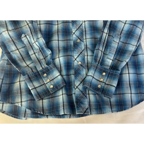 WRANGLER Plaid Pearl Snap Shirt Mens Medium Blue Western Cowboy Chest Pockets - Picture 7 of 10